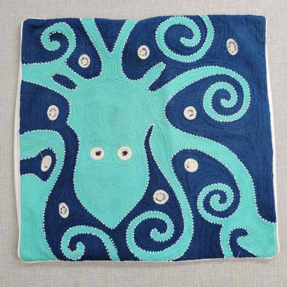 Pottery Barn Kids Pillowcase 16x16 Blue Beaded Octopus Embroidered Cotton Square - Picture 13 of 15